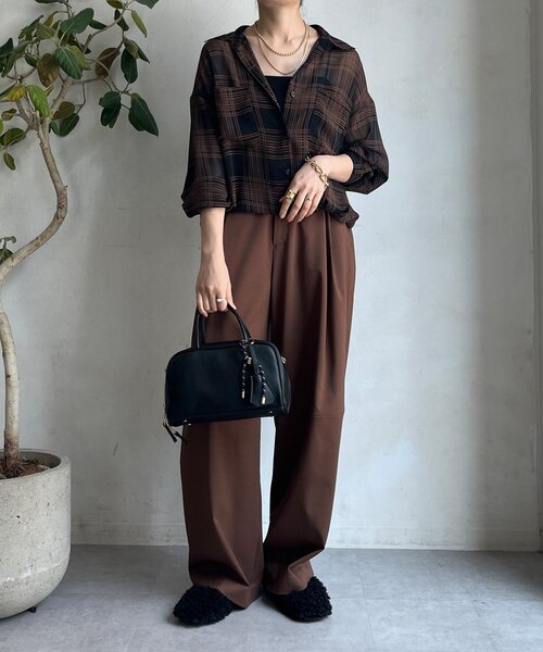 DouDou（ドゥドゥ）の「シアーチェックドロストシャツ（シャツ/ブラウス・レディース・ブラック/ベージュ・FREE）」の7枚目の写真