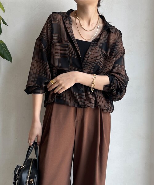 DouDou（ドゥドゥ）の「シアーチェックドロストシャツ（シャツ/ブラウス・レディース・ブラック/ベージュ・FREE）」の9枚目の写真