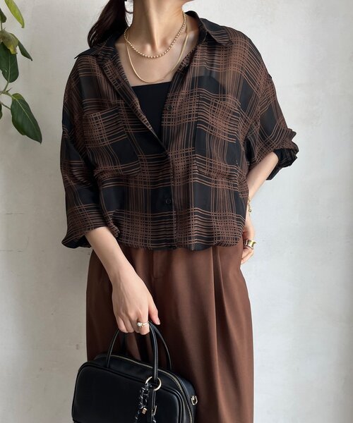 DouDou（ドゥドゥ）の「シアーチェックドロストシャツ（シャツ/ブラウス・レディース・ブラック/ベージュ・FREE）」の10枚目の写真