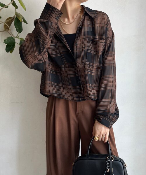 DouDou（ドゥドゥ）の「シアーチェックドロストシャツ（シャツ/ブラウス・レディース・ブラック/ベージュ・FREE）」の11枚目の写真