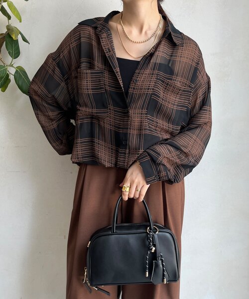 DouDou（ドゥドゥ）の「シアーチェックドロストシャツ（シャツ/ブラウス・レディース・ブラック/ベージュ・FREE）」の12枚目の写真