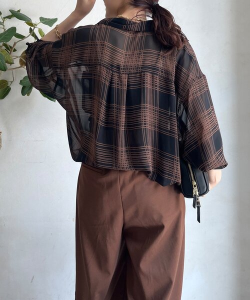 DouDou（ドゥドゥ）の「シアーチェックドロストシャツ（シャツ/ブラウス・レディース・ブラック/ベージュ・FREE）」の14枚目の写真