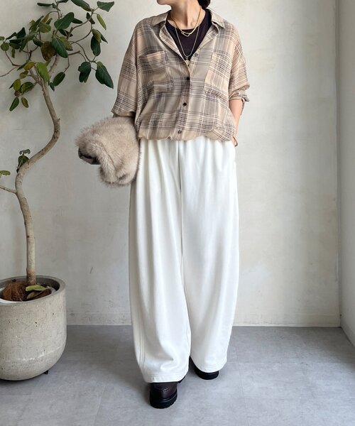 DouDou（ドゥドゥ）の「シアーチェックドロストシャツ（シャツ/ブラウス・レディース・ブラック/ベージュ・FREE）」の15枚目の写真