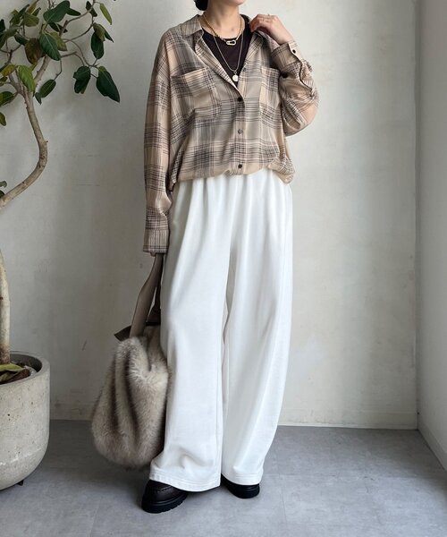 DouDou（ドゥドゥ）の「シアーチェックドロストシャツ（シャツ/ブラウス・レディース・ブラック/ベージュ・FREE）」の17枚目の写真