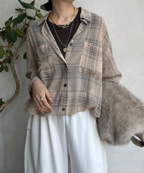 DouDou（ドゥドゥ）の「シアーチェックドロストシャツ（シャツ/ブラウス・レディース・ブラック/ベージュ・FREE）」の21枚目の写真