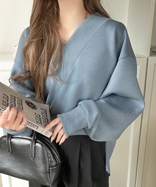 classicalelf（クラシカルエルフ）の「「大人の余裕感」をまとえる！Vネックダンボールカットソー（長袖）（スウェット・レディース・グレイッシュベージュ/ブラウン/杢グレー/ブルー/チャコール・X-LARGE/SMALL/MEDIUM/LARGE）」の10枚目の写真