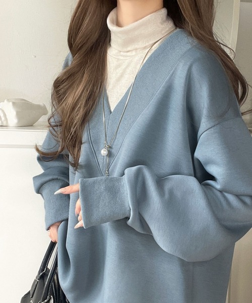 classicalelf（クラシカルエルフ）の「「大人の余裕感」をまとえる！Vネックダンボールカットソー（長袖）（スウェット・レディース・グレイッシュベージュ/ブラウン/杢グレー/ブルー/チャコール・X-LARGE/SMALL/MEDIUM/LARGE）」の22枚目の写真