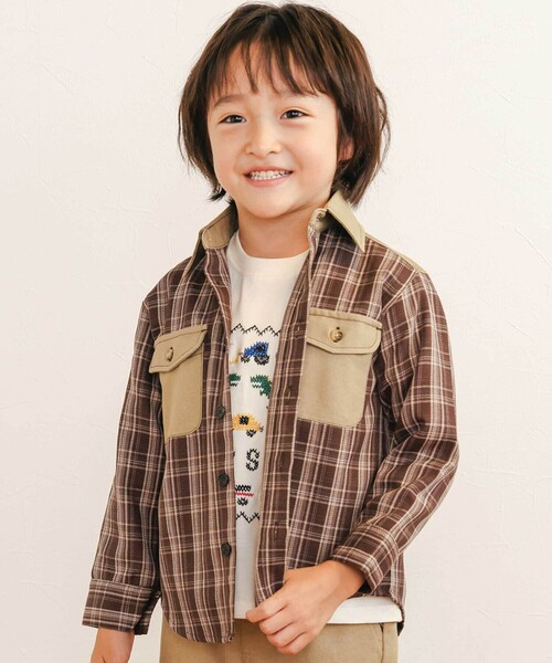SLAP SLIP（スラップスリップ）の「【お揃い】ツイル胸ポケットチェックシャツ(80~130cm)（シャツ/ブラウス・キッズ・ブルー系その他2/ブラウン系その他・90cm/80ｃｍ/110cm/120cm/100cm/130cm）」の2枚目の写真