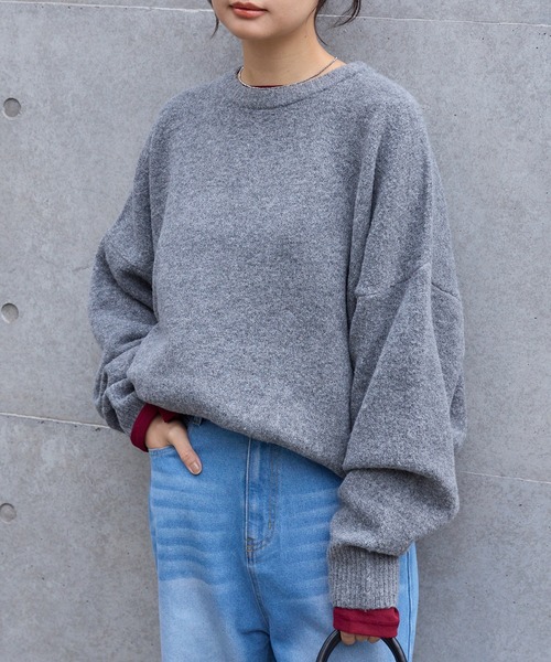 セール】コクーン ミックスカラー オーバーサイズ クルーネック ニット