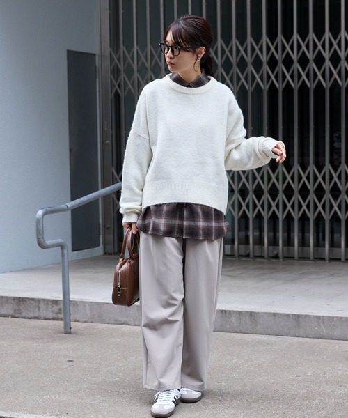 poyon2628　Cニット グレー コクーン ミックスカラー オーバーサイズ クルーネック ニット MONO