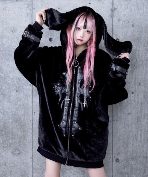 Amiliges うさ耳アウター セール】うさぎ耳クロススタッズZIPファーコート（その他アウター