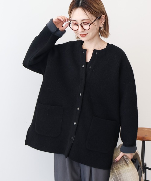 AMERICAN HOLIC（アメリカンホリック）の「Wフェイスラグランニットコーディガン（カーディガン/ボレロ・レディース・杢グレー/ブラック/ライトベージュ・M/L）」の6枚目の写真