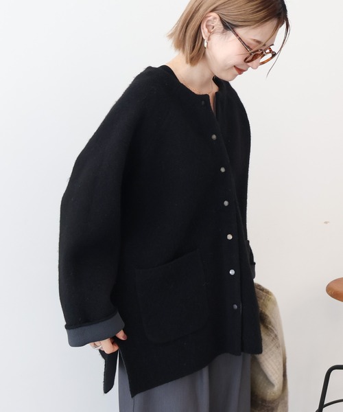 AMERICAN HOLIC（アメリカンホリック）の「Wフェイスラグランニットコーディガン（カーディガン/ボレロ・レディース・杢グレー/ブラック/ライトベージュ・M/L）」の4枚目の写真