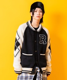 a.p.o.v.（エーピーオービー）の「a.p.o.v. アメカジライクロゴ刺繍＆ナンバリングワッペンショールカラーニットスタジャン（カーディガン/ボレロ）」