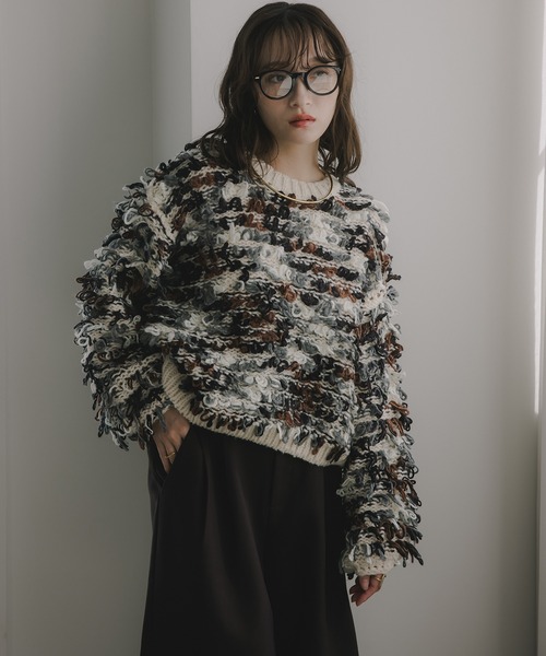 210nouve（トゥージュヌーブ）の「ループヤーン マルチカラー フリンジ ニット（ニット/セーター・レディース・ブラック/アイボリー/ピンク・FREE）」の12枚目の写真