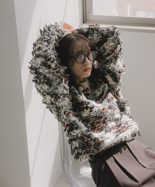 210nouve（トゥージュヌーブ）の「ループヤーン マルチカラー フリンジ ニット（ニット/セーター・レディース・ブラック/アイボリー/ピンク・FREE）」の4枚目の写真