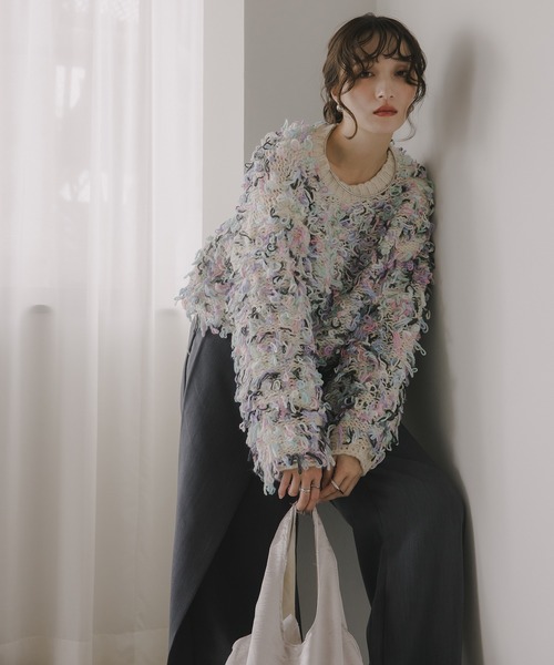 210nouve（トゥージュヌーブ）の「ループヤーン マルチカラー フリンジ ニット（ニット/セーター・レディース・ブラック/アイボリー/ピンク・FREE）」の8枚目の写真