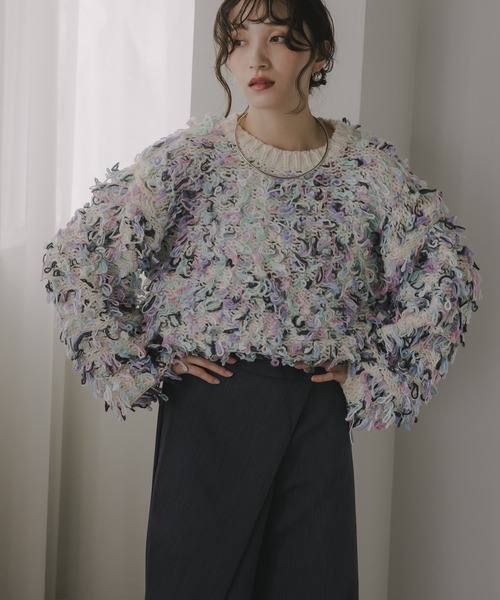 210nouve（トゥージュヌーブ）の「ループヤーン マルチカラー フリンジ ニット（ニット/セーター・レディース・ブラック/アイボリー/ピンク・FREE）」の15枚目の写真