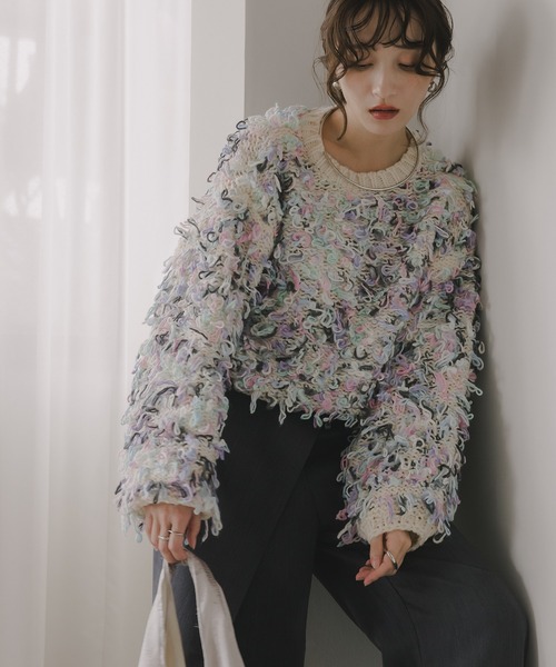 210nouve（トゥージュヌーブ）の「ループヤーン マルチカラー フリンジ ニット（ニット/セーター・レディース・ブラック/アイボリー/ピンク・FREE）」の16枚目の写真