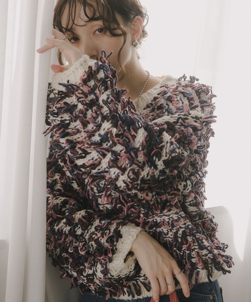 210nouve（トゥージュヌーブ）の「ループヤーン マルチカラー フリンジ ニット（ニット/セーター・レディース・ブラック/アイボリー/ピンク・FREE）」の11枚目の写真