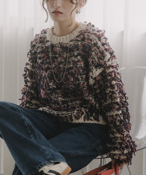 210nouve（トゥージュヌーブ）の「ループヤーン マルチカラー フリンジ ニット（ニット/セーター・レディース・ブラック/アイボリー/ピンク・FREE）」の10枚目の写真