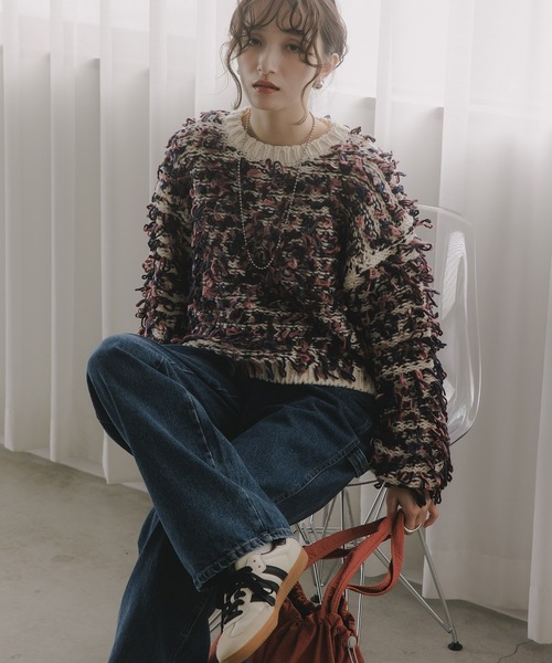 210nouve（トゥージュヌーブ）の「ループヤーン マルチカラー フリンジ ニット（ニット/セーター・レディース・ブラック/アイボリー/ピンク・FREE）」の19枚目の写真