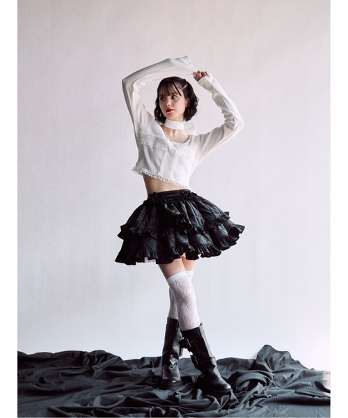 lilLilly（リルリリー）の「クロスレースリブトップス（Tシャツ/カットソー・レディース・ブラック/ホワイト/ピンク・FREE）」の11枚目の写真