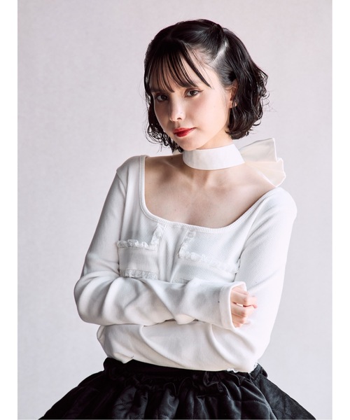 lilLilly（リルリリー）の「クロスレースリブトップス（Tシャツ/カットソー・レディース・ブラック/ホワイト/ピンク・FREE）」の10枚目の写真