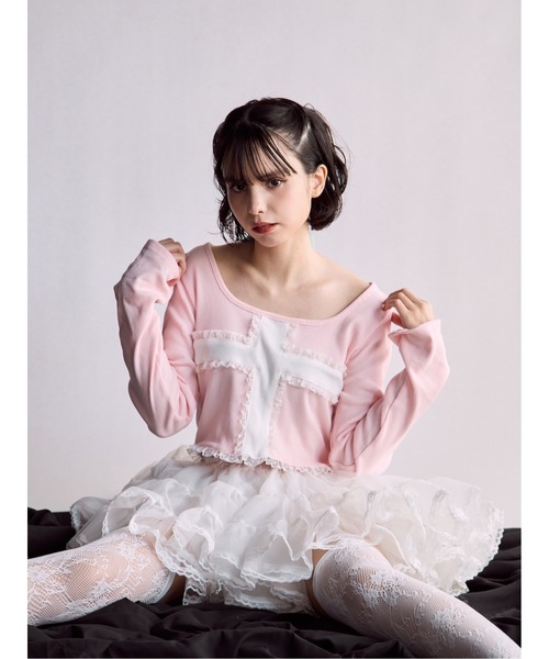 lilLilly（リルリリー）の「クロスレースリブトップス（Tシャツ/カットソー・レディース・ブラック/ホワイト/ピンク・FREE）」の9枚目の写真