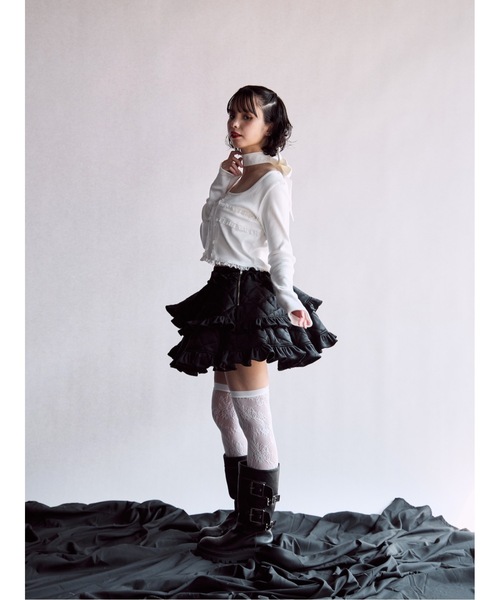 lilLilly（リルリリー）の「クロスレースリブトップス（Tシャツ/カットソー・レディース・ブラック/ホワイト/ピンク・FREE）」の7枚目の写真