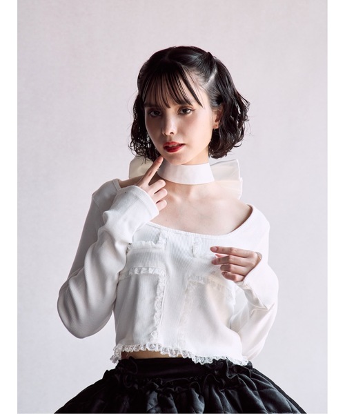 lilLilly（リルリリー）の「クロスレースリブトップス（Tシャツ/カットソー・レディース・ブラック/ホワイト/ピンク・FREE）」の5枚目の写真