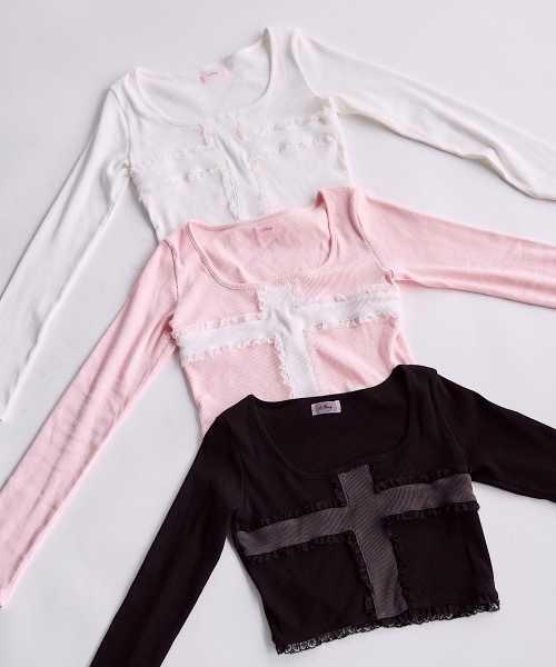 lilLilly（リルリリー）の「クロスレースリブトップス（Tシャツ/カットソー・レディース・ブラック/ホワイト/ピンク・FREE）」の13枚目の写真