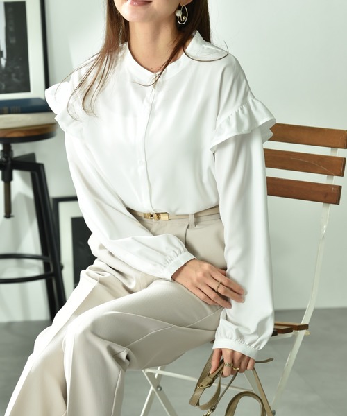 INTERPLANET（インタープラネット）の「パウダーデシンアームフリル長袖ブラウス（シャツ/ブラウス・レディース・オフホワイト/サックスブルー/ブラック・FREE）」の15枚目の写真