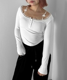 【jiasecond.】カップ付きプチリボントップス / トップス カットソー Tシャツ 長袖 コンパクト クロップド ショート リボン ストラップ カップ付き ホワイト ブラック ZOZOTOWN限定