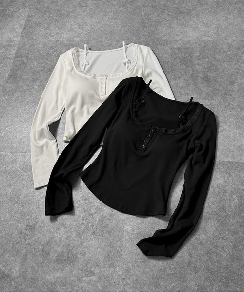 jiasecond.(ジアセカンド)の「【jiasecond.】カップ付きプチリボントップス / トップス カットソー Tシャツ 長袖 コンパクト クロップド ショート リボン ストラップ カップ付き ホワイト ブラック ZOZOTOWN限定(Tシャツ/カットソー・レディース・ブラック/ホワイト・FREE)」の2枚目の写真