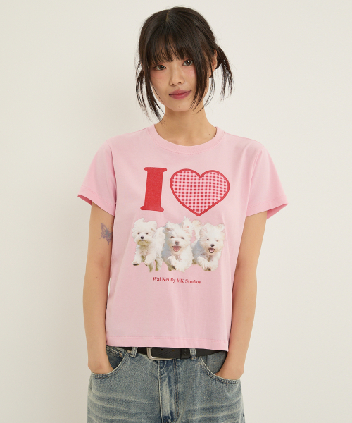 WaiKei(ワイケイ)の「アイラブマルチーズ 半袖Tシャツ ピンク(Tシャツ/カットソー・レディース・その他・0/1/2)」の1枚目の写真