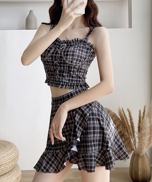 セール】チェック柄レースアップトップス＆フリルスカート 2点セット