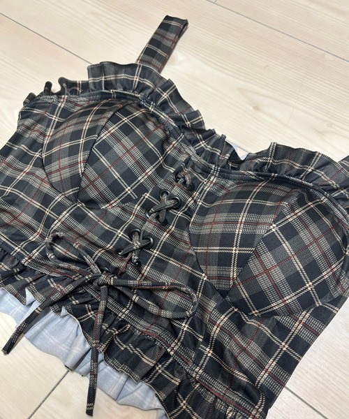 セール】チェック柄レースアップトップス＆フリルスカート 2点セット