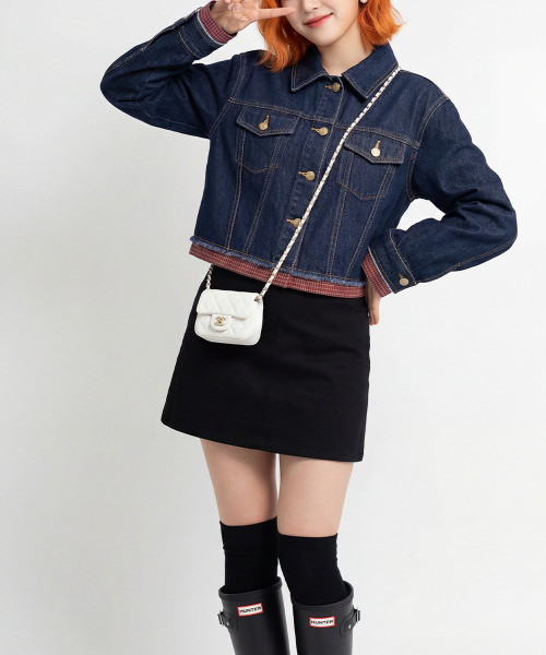 VIVID LADY（ビビッドレディー）の「レイヤード風 ショートデニムジャケット（デニムジャケット・レディース・ダークブルー/ライトブルー・FREE）」の10枚目の写真