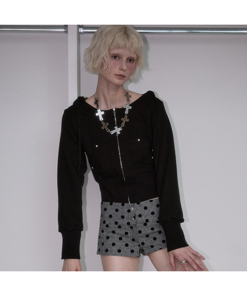 Rivet Round Crop Hood Zip-up [Black] — короткая худи на молнии, чёрная