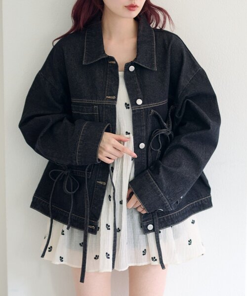 Kastane（カスタネ）の「【リボン取り外し可/SETUP対応】デニムリボンジャケット（デニムジャケット・レディース・ブラック/ブルー/アイボリー・FREE）」の3枚目の写真