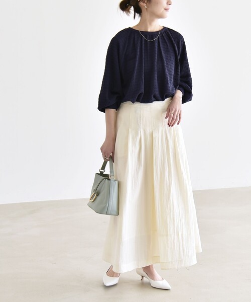 quaranciel(カランシエル)の「quaranciel:〈洗濯機可能〉ジャカード ジャージー クルーネック プルオーバー(Tシャツ/カットソー・レディース・グリーン/ホワイト/ネイビー・ONE SIZE)」の12枚目の写真