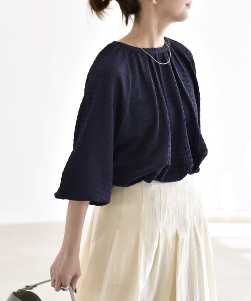 quaranciel(カランシエル)の「quaranciel:〈洗濯機可能〉ジャカード ジャージー クルーネック プルオーバー(Tシャツ/カットソー・レディース・グリーン/ホワイト/ネイビー・ONE SIZE)」の17枚目の写真