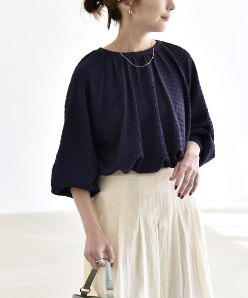 quaranciel(カランシエル)の「quaranciel:〈洗濯機可能〉ジャカード ジャージー クルーネック プルオーバー(Tシャツ/カットソー・レディース・グリーン/ホワイト/ネイビー・ONE SIZE)」の18枚目の写真