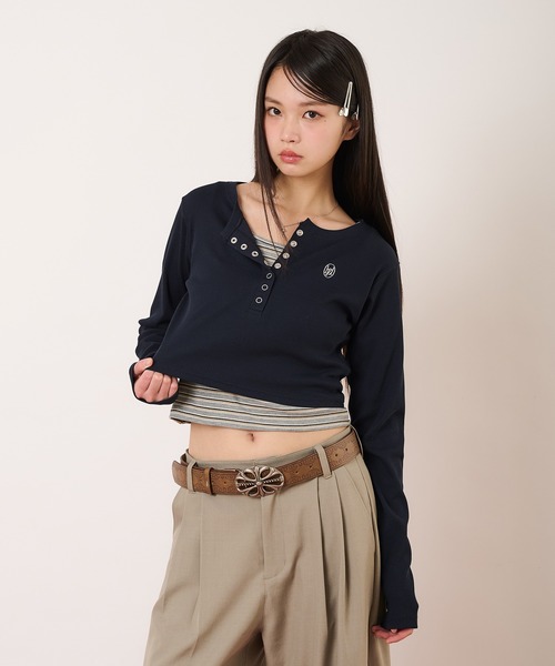 hazyl（ヘイジル）の「layered henry tops/レイヤードヘンリートップス（Tシャツ/カットソー・レディース・ネイビー/ライトブルー・フリー）」の16枚目の写真