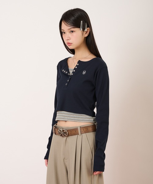 hazyl（ヘイジル）の「layered henry tops/レイヤードヘンリートップス（Tシャツ/カットソー・レディース・ネイビー/ライトブルー・フリー）」の17枚目の写真