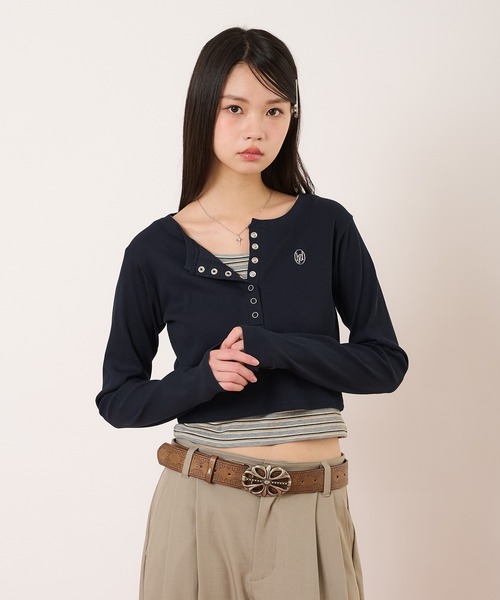 hazyl（ヘイジル）の「layered henry tops/レイヤードヘンリートップス（Tシャツ/カットソー・レディース・ネイビー/ライトブルー・フリー）」の18枚目の写真