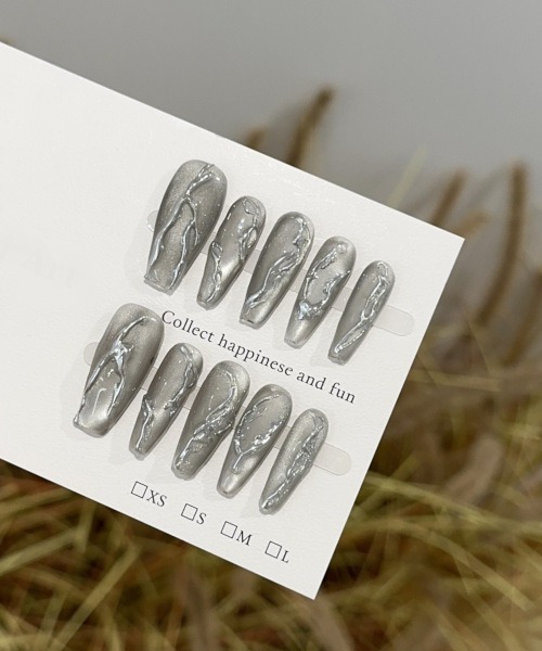 Bz】Y2Kシルバーニュアンスうるちゅるネイルチップ ロング バレリーナ