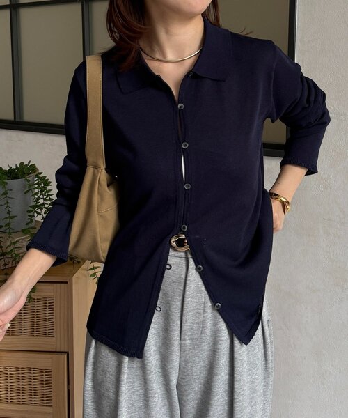 Thevon(ゼボン)の「襟付きシャリニットカーディガン(カーディガン/ボレロ・レディース・ピンク/ネイビー/ベージュ/グレー・FREE)」の3枚目の写真