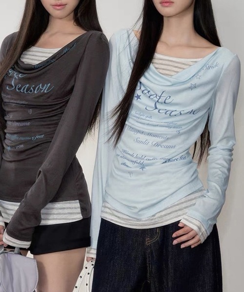 Miniministore（ミニミニストア）の「ドレープネックトップスレイヤード風ロゴT（Tシャツ/カットソー・レディース・ダークグレー/ライトブルー・FREE）」の3枚目の写真